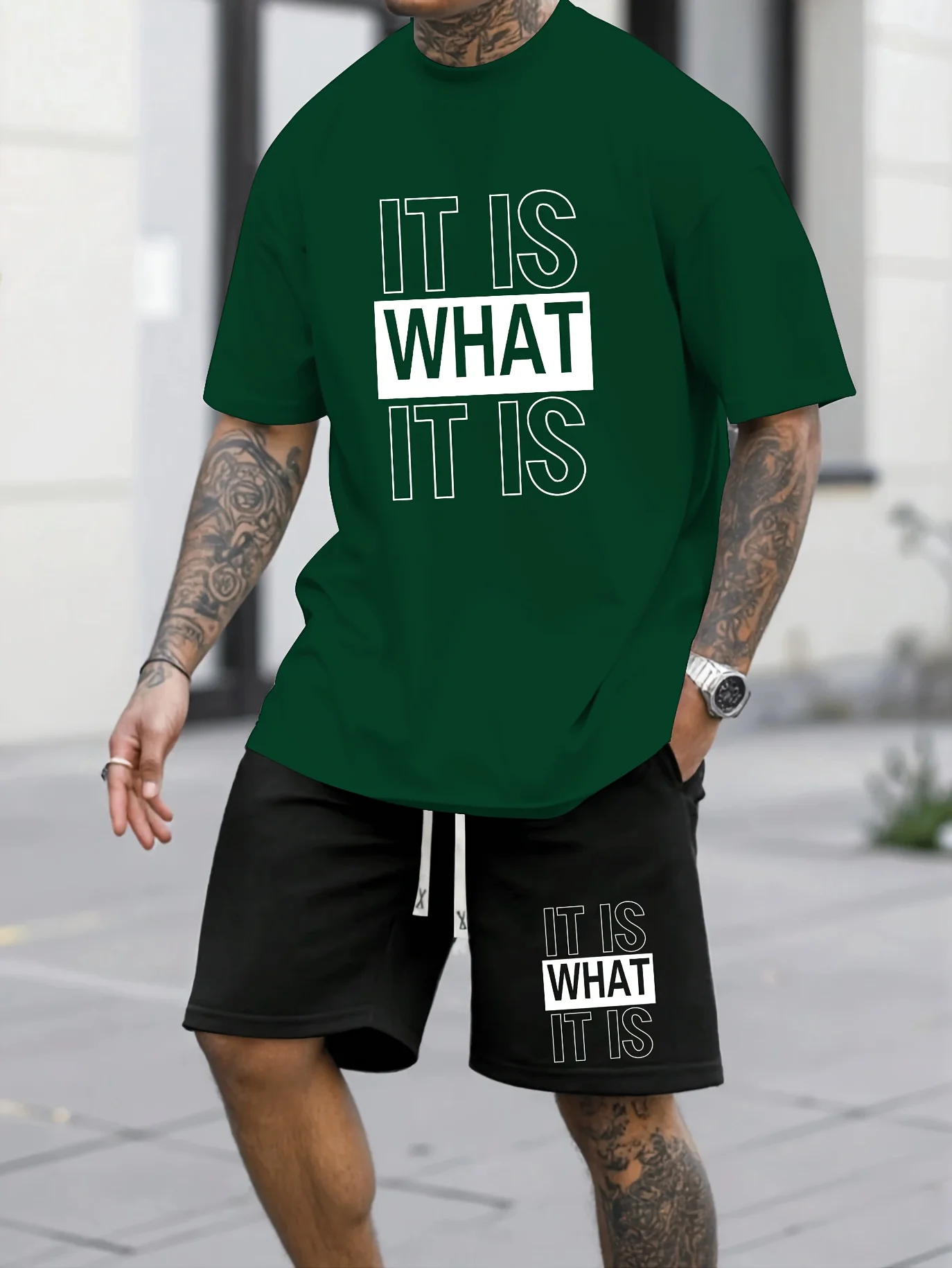 

Комплект из футболки и шорт с буквенным принтом, 2026, мужская коллекция большого размера, повседневные шорты свободного покроя с завязками на талии, топ с короткими рукавами