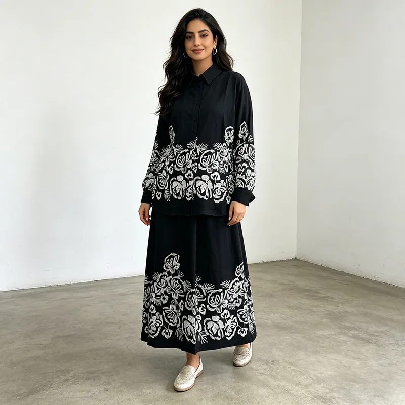 

Fashionable Printed Open Cardigan Long Sleeve Shirt + Wide Leg Pants Set Bohemian Outfits Two Piece Set Elegant Women's Wear