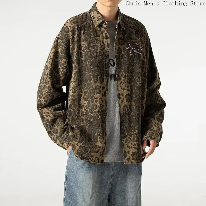 Loose Casual High Street Wild Retro Brand Men's Jacket  Autumn / Winter New Leopard Print Men's Coat Hip Hop Roller Skating Coat