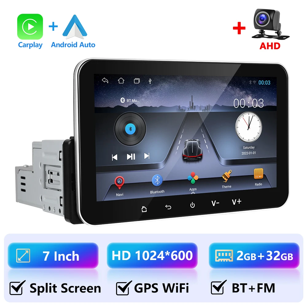 Camecho 7 "Autoradio 1 Din Carplay Android Auto 2 + 32G Multimedia Speler FM Bluetooth GPS WIFI MirrorLink Universele Autoradio