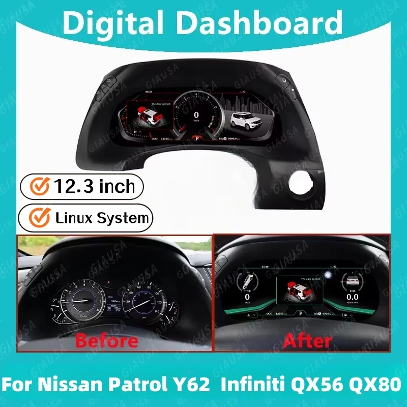 Digital LCD Instrument Cluster For Nissan Patrol Y62 Infiniti QX56 QX80 2015-2021 Linux System Virtual Speed Ometer