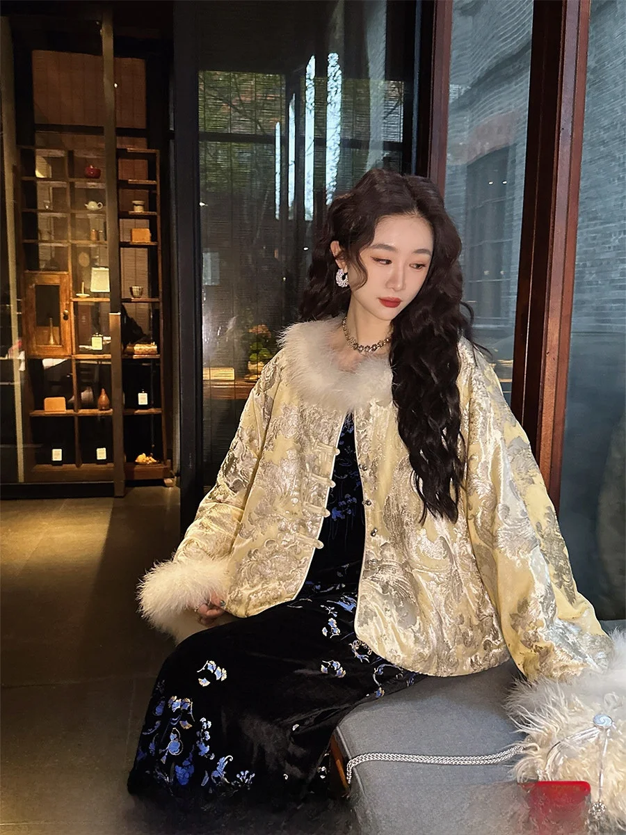 

Sanji Bla Flower New Chinese Sle Cotton Jaet Women Winter Outerwear Top Coatrobe Thiened Long Sve Regular Length