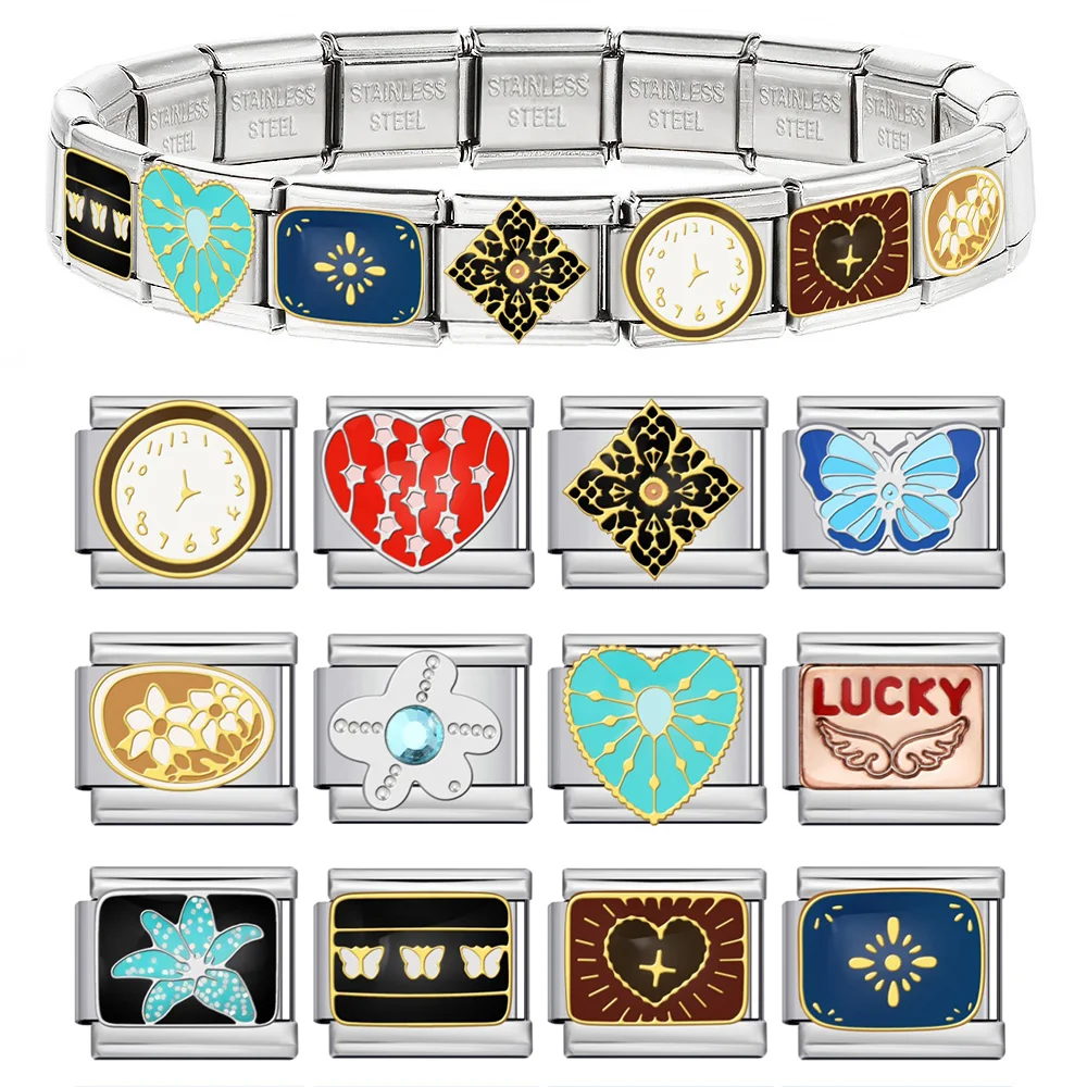 Design Elastic Charm Ancient Retro Style Italian Link fit 9mm Bracelet DIY Stainless Steel Butterfly Flower Hearts Clock Jewelry