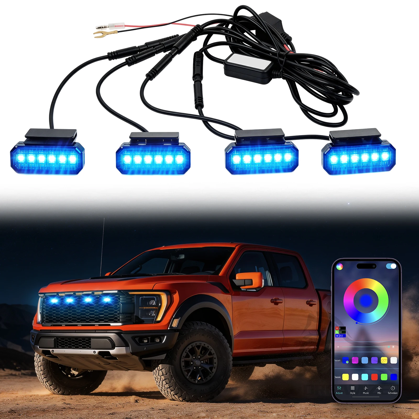 

Universal 4PCS Color-Changing Front Grill Lights for Trucks APP Control Clip on Led Light For Jeep Wrangler Ford F-150 Toyota