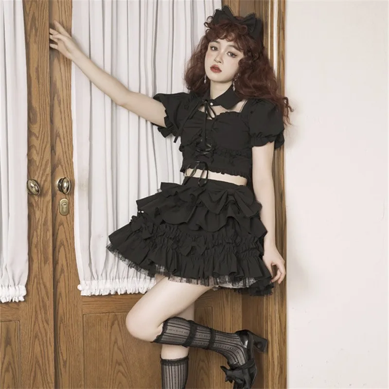 Woman Lolita Set Japanese Style Gothic Blouse Skirt Suit Summer Sexy Lolita Dress Ruffled Lace-up Skirt Sweet Fake Collar Top