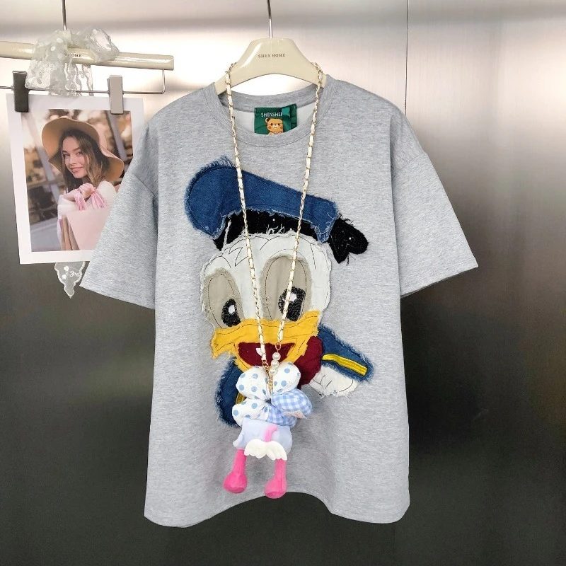 

2025 Autumn New American Retro Contrast Color Cartoon Patch Y2k Sweet Tshirts Fashion Pure Cotton Loose Short Sleeved T-Shirt
