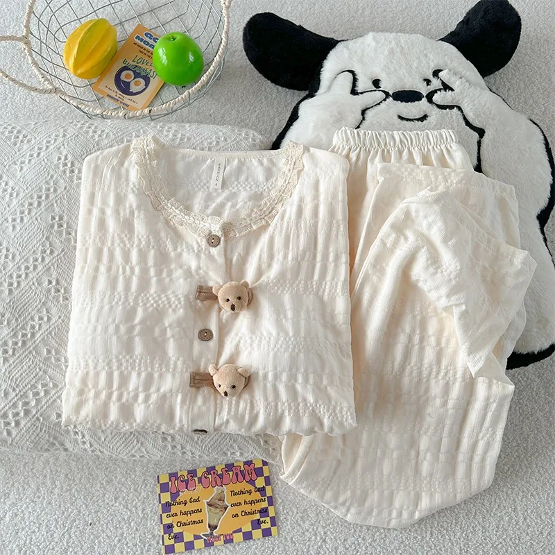 

Women's Cute 3D Bear Decor Sweet Pyjama Set Spring/Autumn Y2K Casual Two-Piece Set Built-in Bra Cardigan Comfort Soft Loungewear