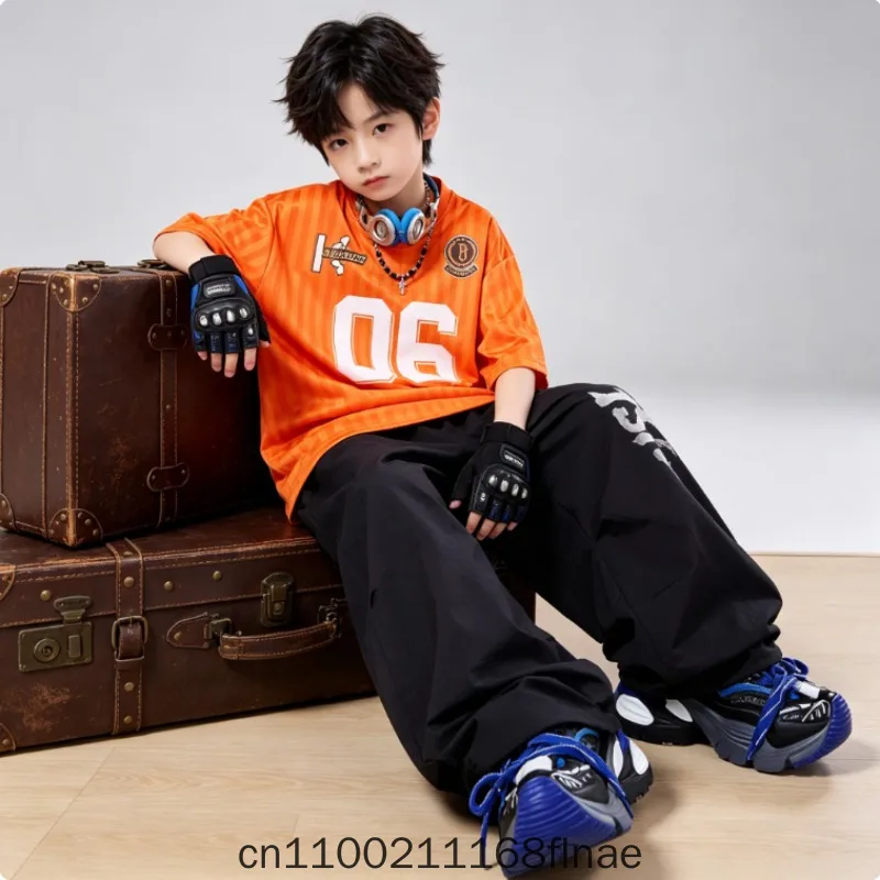 Children's Street Dance Costume Performance Suit, Boys' Set, Hip-hop Girls' Drum Set, Orange Digital T-shirt