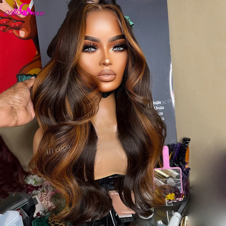 

13x6 Lace Front Wig Black Tea Color and Dark Brown Highlights Colored 5x5 Transparent Lace Closure Wigs 180 Density for Women