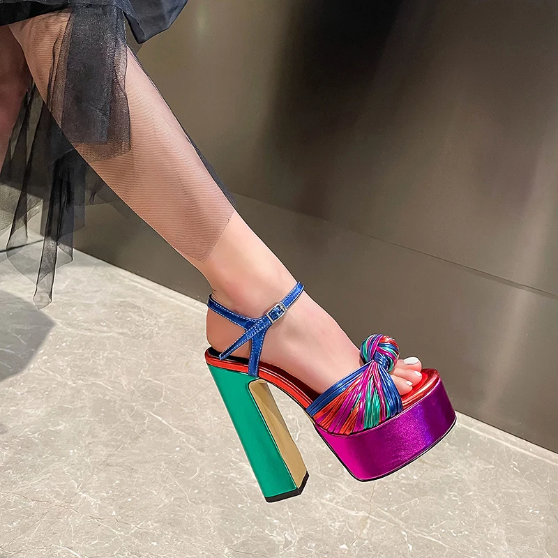 Sandalias de tacón alto sexys grueso con plataforma y Punta abierta para mujer, zapatos de gladiador con colores combinados, a la moda, para fiesta