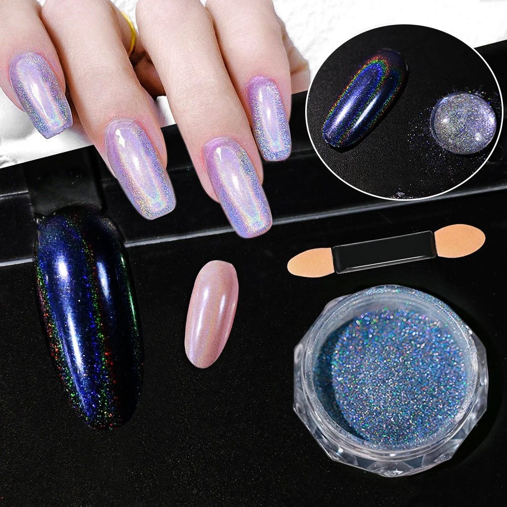 1bottle Rainbow Holographic Chrome Nail Powder Super Laser Shining Pearl Pigment Silver Rub Dust  Aurora Mermaid Nail Art Powder