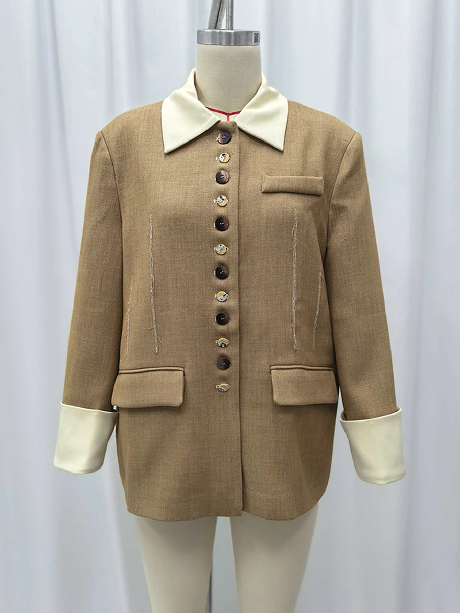 VGH Vintage Distressed Zerrissene Jacke für Frauen Revers Langarm Patchwork Unregelmäßige Tasten Britischen Süßen Stil Mantel Weibliche Neue