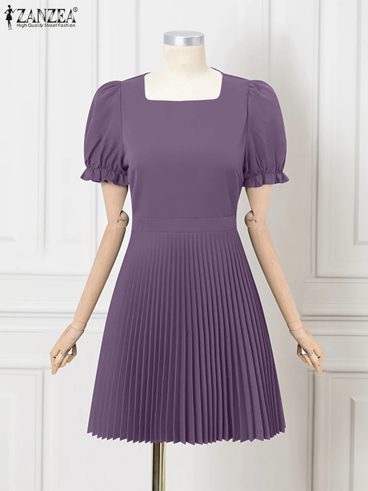 

Short Sleeve Mini Dress Women Summer Sundress Fashion Square Neck Casual Loose Robe Solid Party Pleated Vestdios ZANZEA 2025