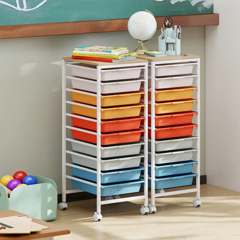 

10-Drawer Rolling Storage Cart Mobile Utility Organizer with Wooden Tabletop and Lockable Wheels-Macaron