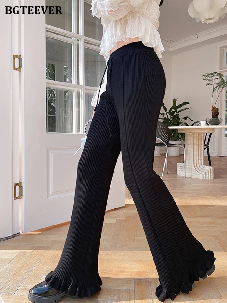 BGTEEVER Casual Elastic High Waist Ruffles Knitted Flare Trousers Women Stylish Drawstring Wide Leg Sweater Long Pants Female