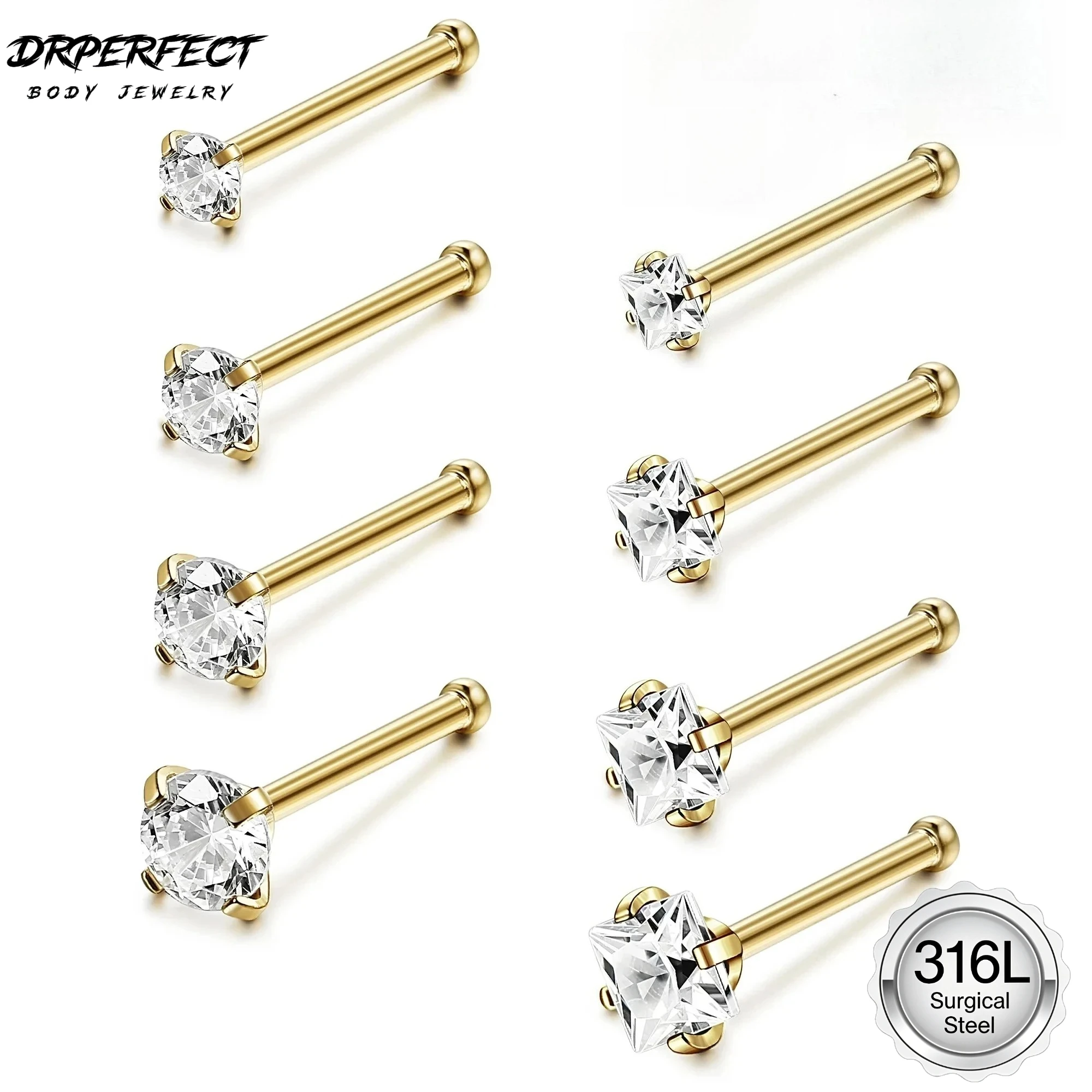 Drperfect Hypoallergene Nasenringe, Ohrstecker, chirurgischer Edelstahl, Zirkonia, Labret-Nasenpiercing-Schmuck für Damen und Herren