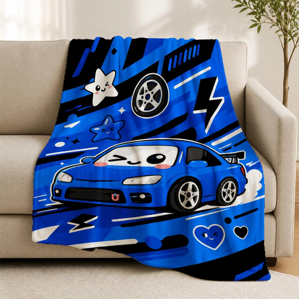 Aesthetic Blue Cartoon Car Pop Art Throw Blanket for Sofa Decor Living Room Cozy Nap Gift Cute Speed Racing Style Home Accent Th