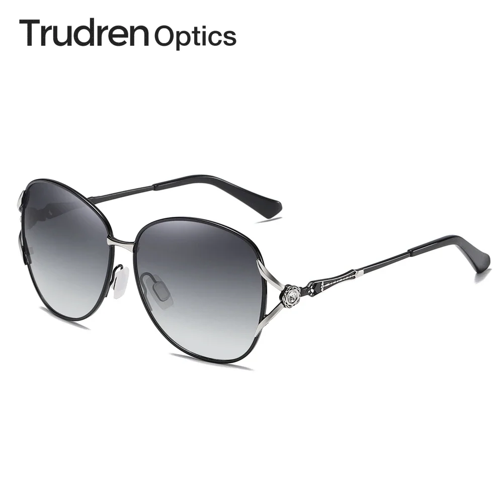 Trudren Ladies Two-Tone Metal Fork Oval Retro Sunglasses For Woman Luxury Rhinestones Flower Gradient Polarized Sun Glasses 1401