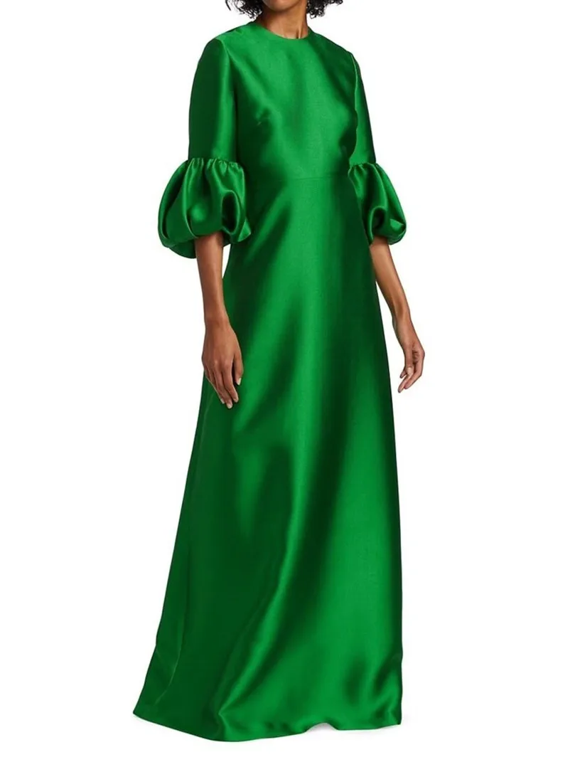 

Vintage Long Green Satin Evening Dresses with Sleeve A-Line O-Neck Pleated فساتين السهرة Floor Length Prom Dress for Women