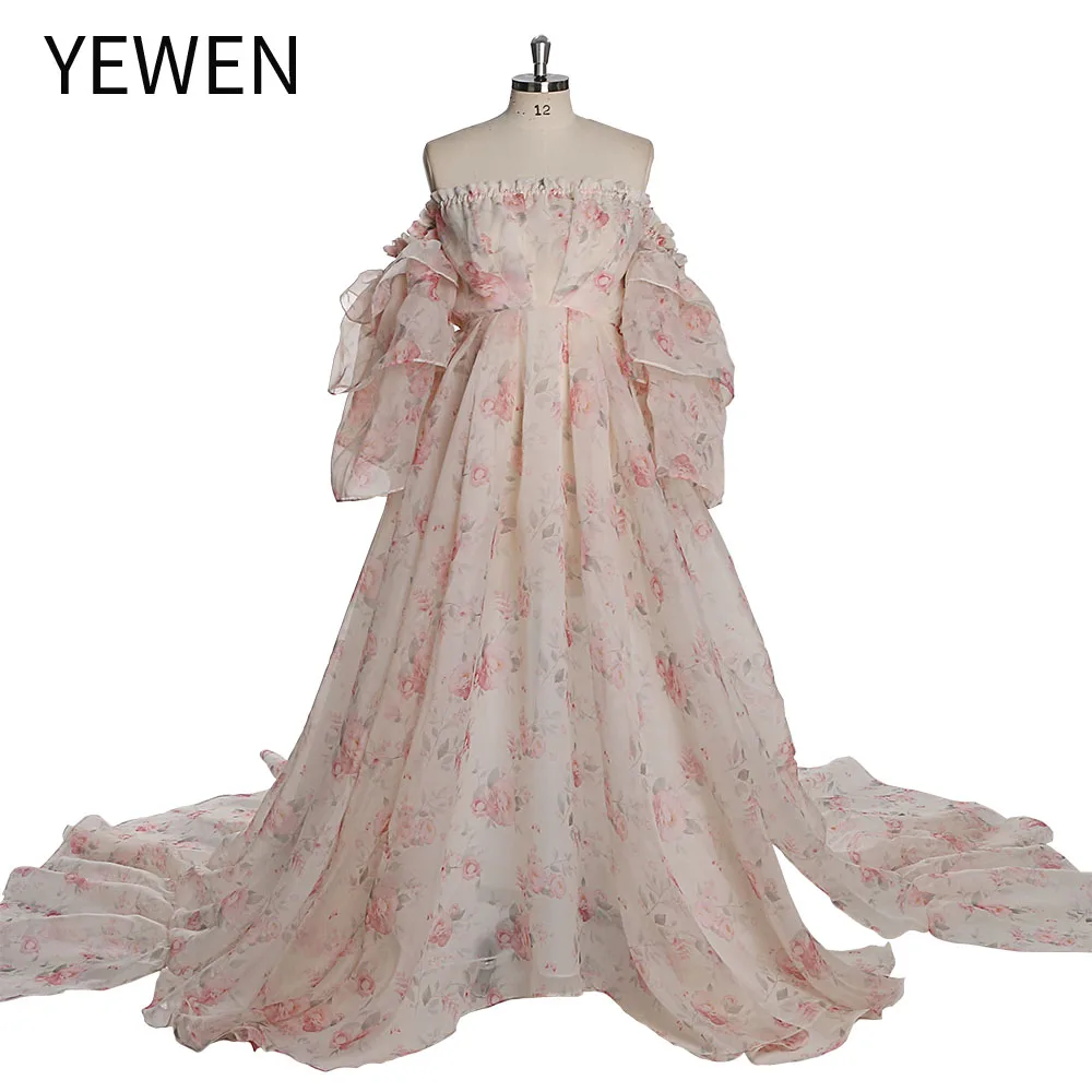 

Printed Floral Off Shoulder Strapless Maternity Gown for Photoshoot Elastic Waist Maxi Dresses for Photo Shoot YW231002