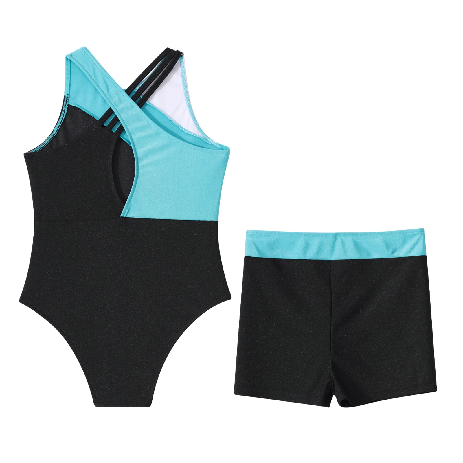 Kids Girls Ballet Dance Performance Clothes Set Sleeveless Shiny Rhinestone Sports Gymnastics Workout Leotards with Shorts Suit