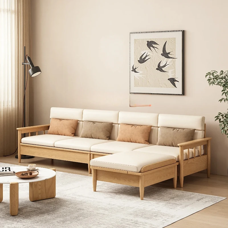 Almacenamiento de madera maciza de estilo japonés, sofá de almacenamiento multifuncional grande y pequeño para sala de estar, estilo crema