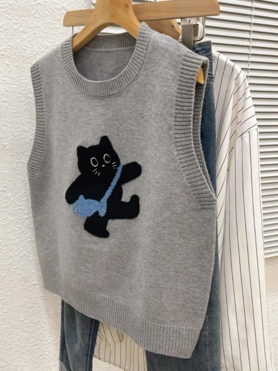 AOSSVIAO 2026 Women Knitted Tank Top Summer Fall Cartoon Sweater Short O Neck Sleeveless Solid Spring Sweaters Pullovers