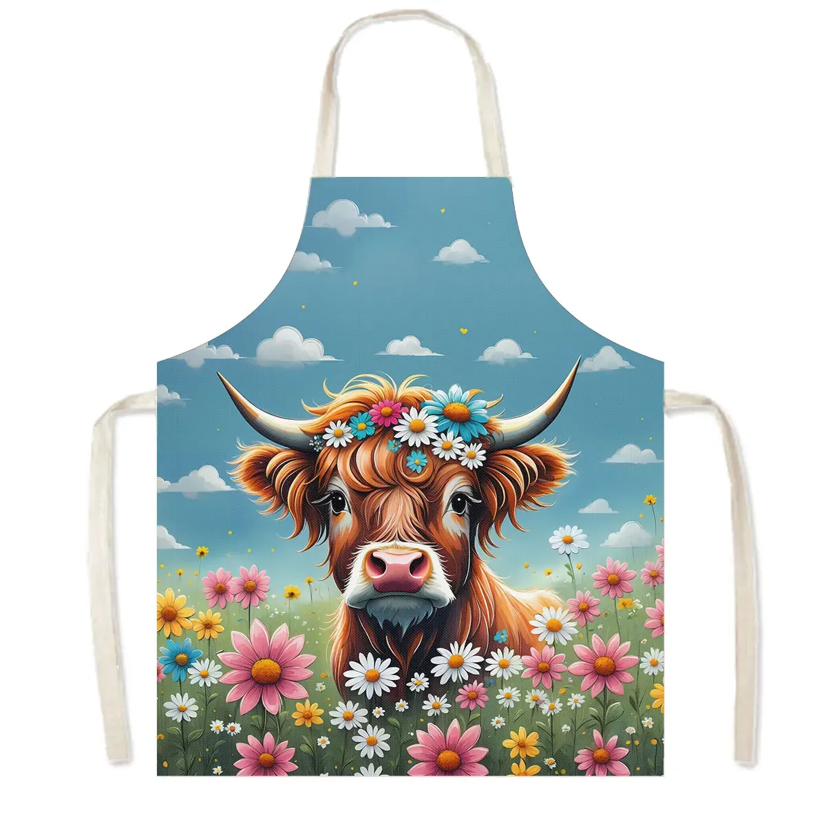 Cute Animal Highland Cow Print Cooking Apron Women Men Baking Home Cleaning Clothes Aprons Chef Waiter Barber Pinafore Gift