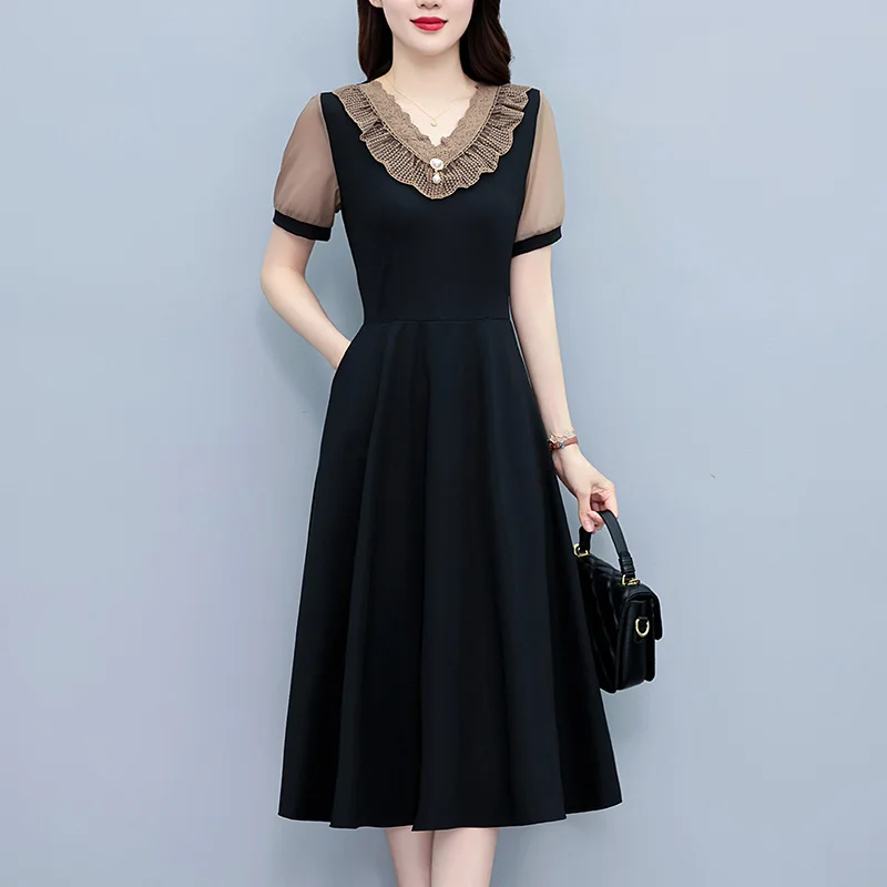 Elegant Pleated Dresses For Women Summer Female Ruffles V Neck Short Sleeve Large Size Mid-length ​Black Fake Two Pieces Vestido