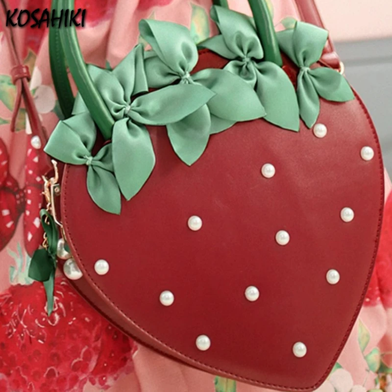 

Patchwork Strawberry Fashion Cute Bow Handbags Women Sweet Kawaii Chic Pearls Top-Handle Bags 2025 Y2k Aesthetic Lolita Clutches