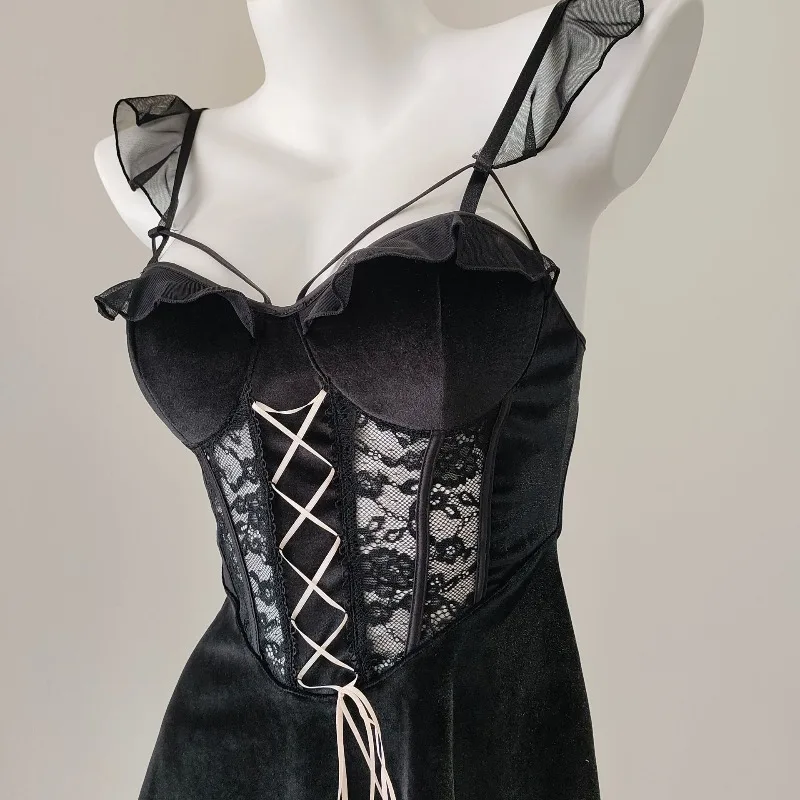 프랑스 섹시 벨벳 파자마 여성용 나이트가운 겨울용 가슴 패드 포함 서스펜더 나이트드레스 리본 스트랩 드레스 여성용 라운지웨어