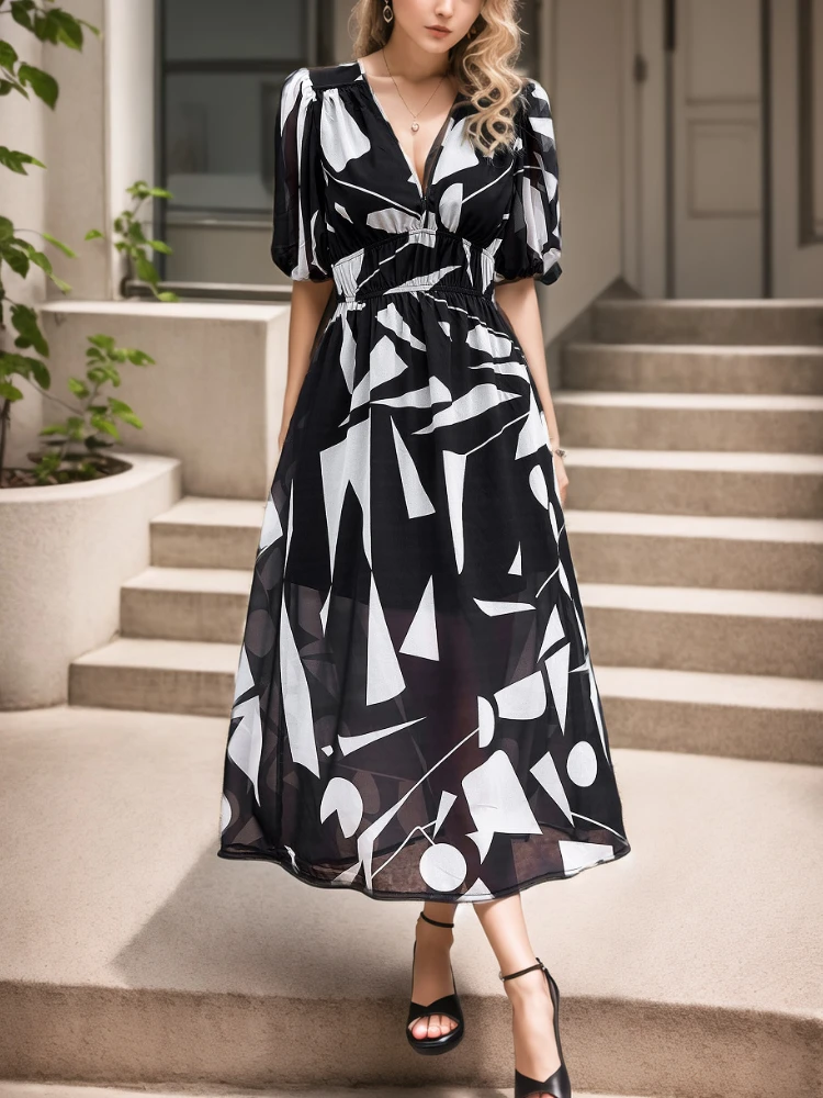 New Boho Floral Print Midi Dress Women Fashion V-Neck Short Sleeve Dresses For Women 2025 Summer Casual Holiday Long Dress