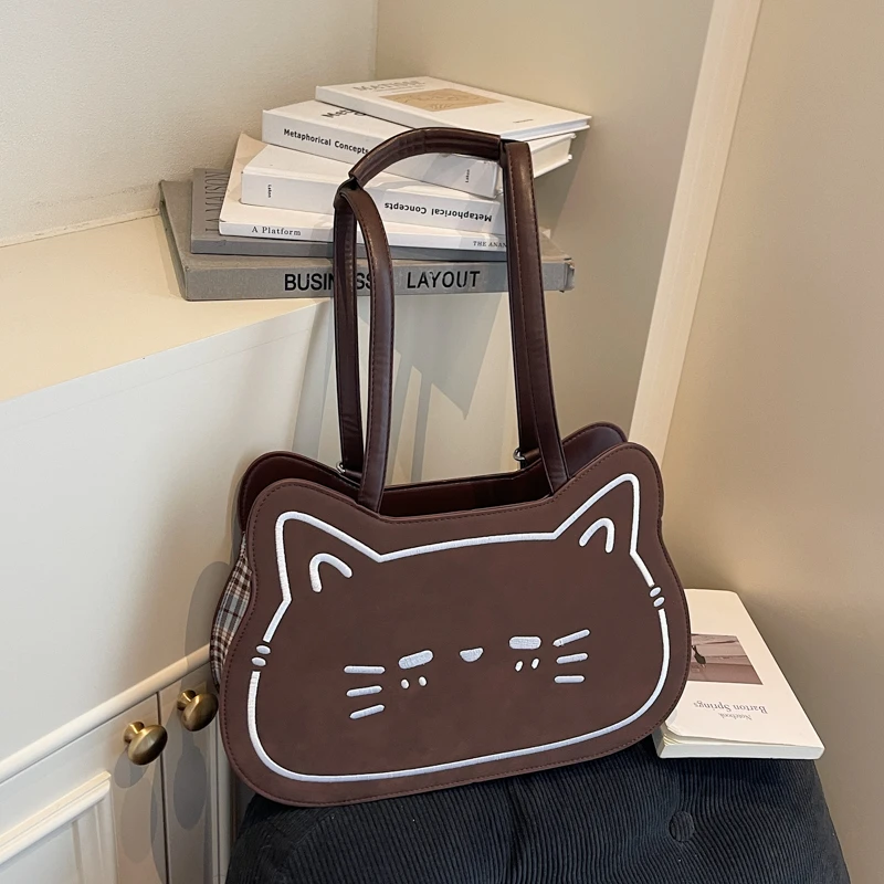 

PU Cat Pattern Large Capacity Tote Bag Solid Color Cute 2025 Brand Bags for Women Autumn New Multi-functional Backpacks