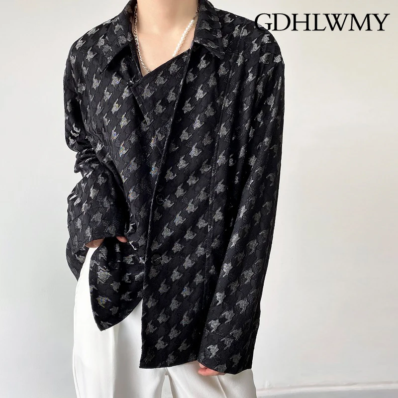 GDHLWMY Autumn lace jacquard satin temperament plaid cool style men's loose long sleeved shirt fashionable