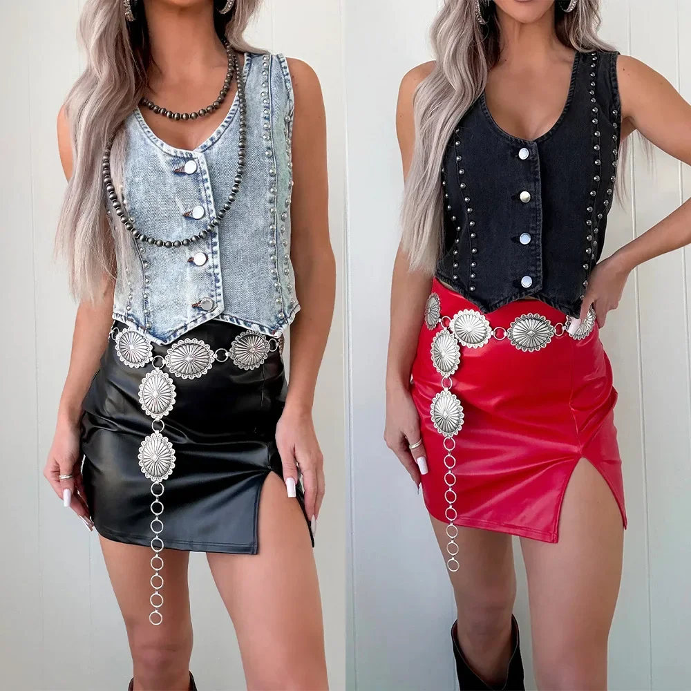 

Denim Vest Women Sexy Waistcoat Sleeveless Jacket Rivet Single Breasted V Neck Washed Distressed Tops 2025 Streetwear Summer