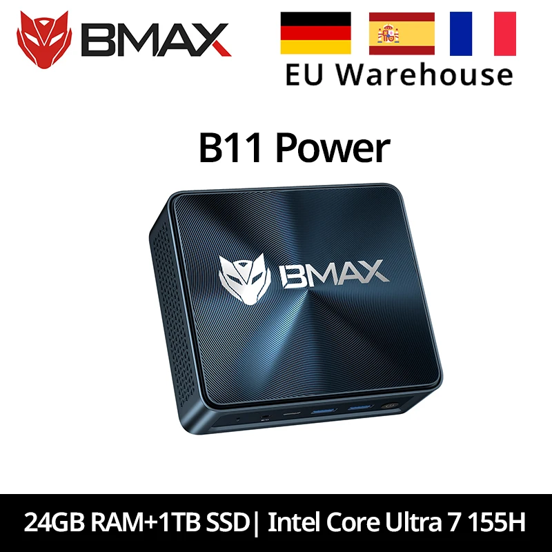 Mini PC BMAX B11 Power, Intel Core Ultra 7 155H, 16 cœurs, 24 Go de RAM, 1 To SSD, WiFi 6, Bluetooth 5.2, USB, HDMI, Type-C, Windows 11, LAN, DP
