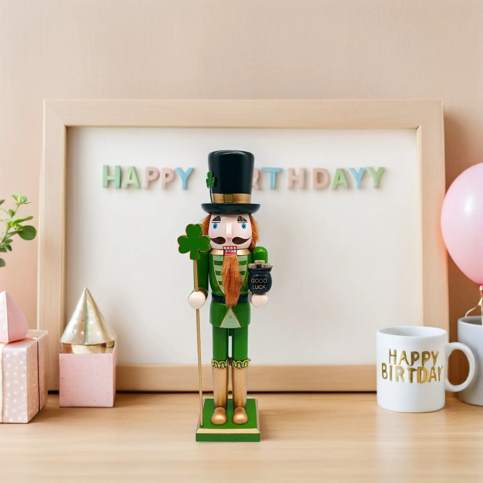 

Irish Nutcracker Soldier Shamrock Wand 15 Inch Wooden Green Nutcracker Ornament Saint Patricks Day Christmas Tabletop Decoration