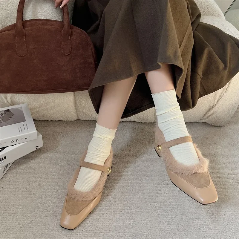 Square Toe Shallow Fur Loafers Women Boots Winter New Suede Retro Elegant Shoes Women 2025 Trend Party Cozy Fashion Boots Mujer