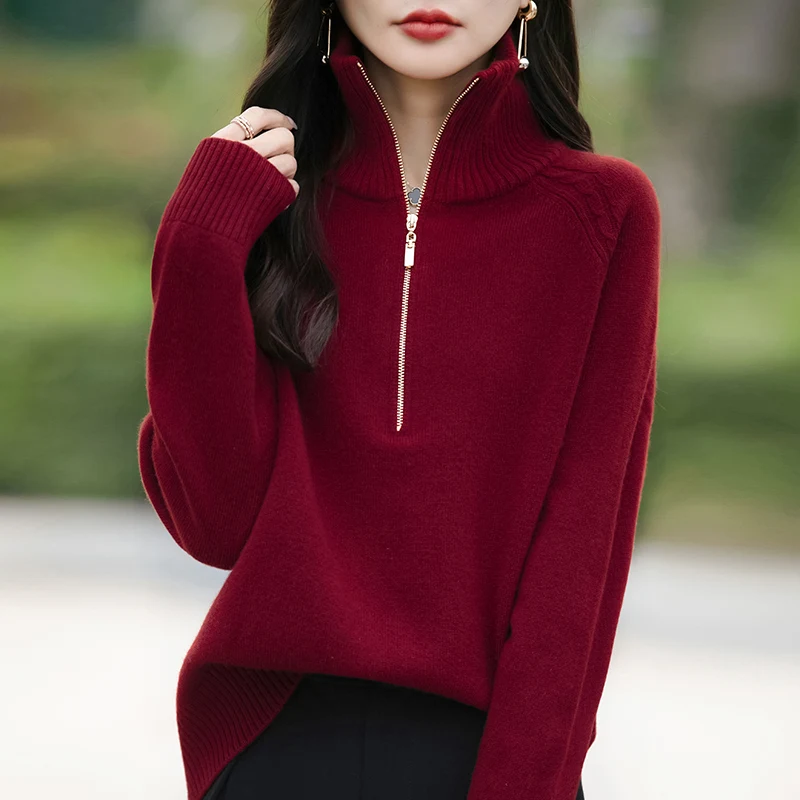 Autumn Winter Women Fine Wool Sweater Half Zip Turltlneck Pullover Loose Knitwear Elegant Clothing Thick Bottoming Tops