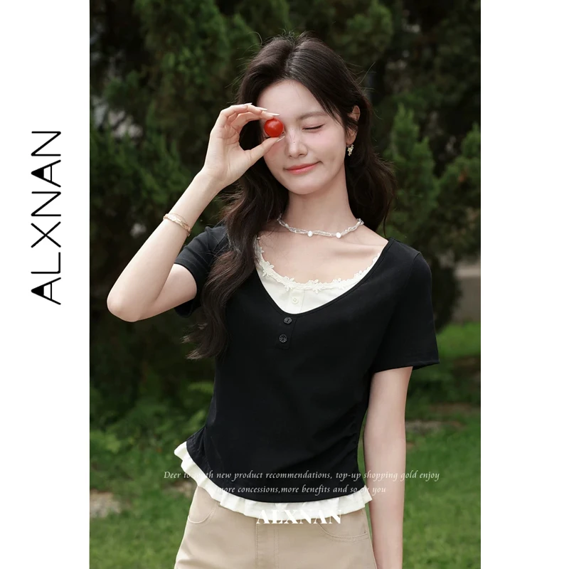 

ALXNAN Women's T-shirt Faux Two-Piece Lace Trim V-neck Slim-fit Short Sleeve Tee Summer 2026 New Daily Casual Tops Ladies L63516