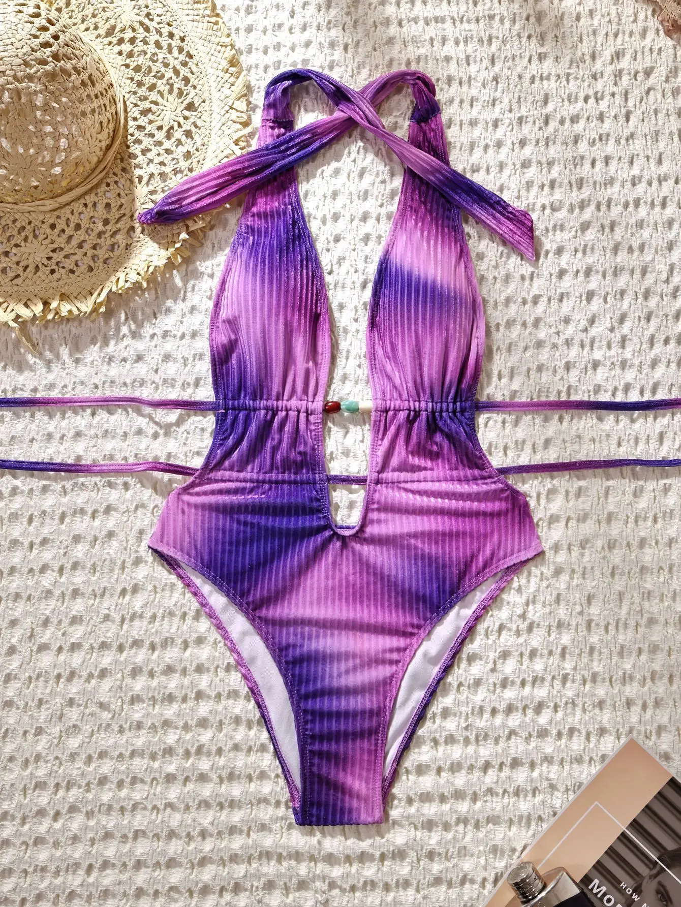 

Сексуальные фиолетовые купальники с градиентными бусинами, цельные купальники с завязками на спине, бикини, купальники-боди, женские купальники-бикини, пляжная одежда, танкини