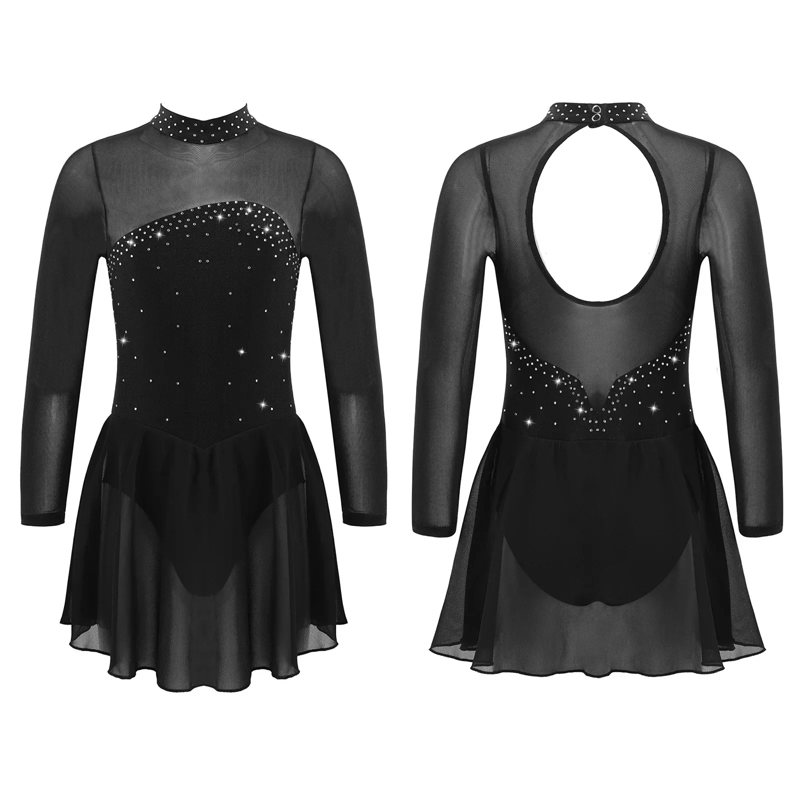 Girls Rhinestone Figure Skating Dress Ballet Dance Artistic Gymnastics Leotard Tutu Sheer Mesh Dancewear for Stage Performance