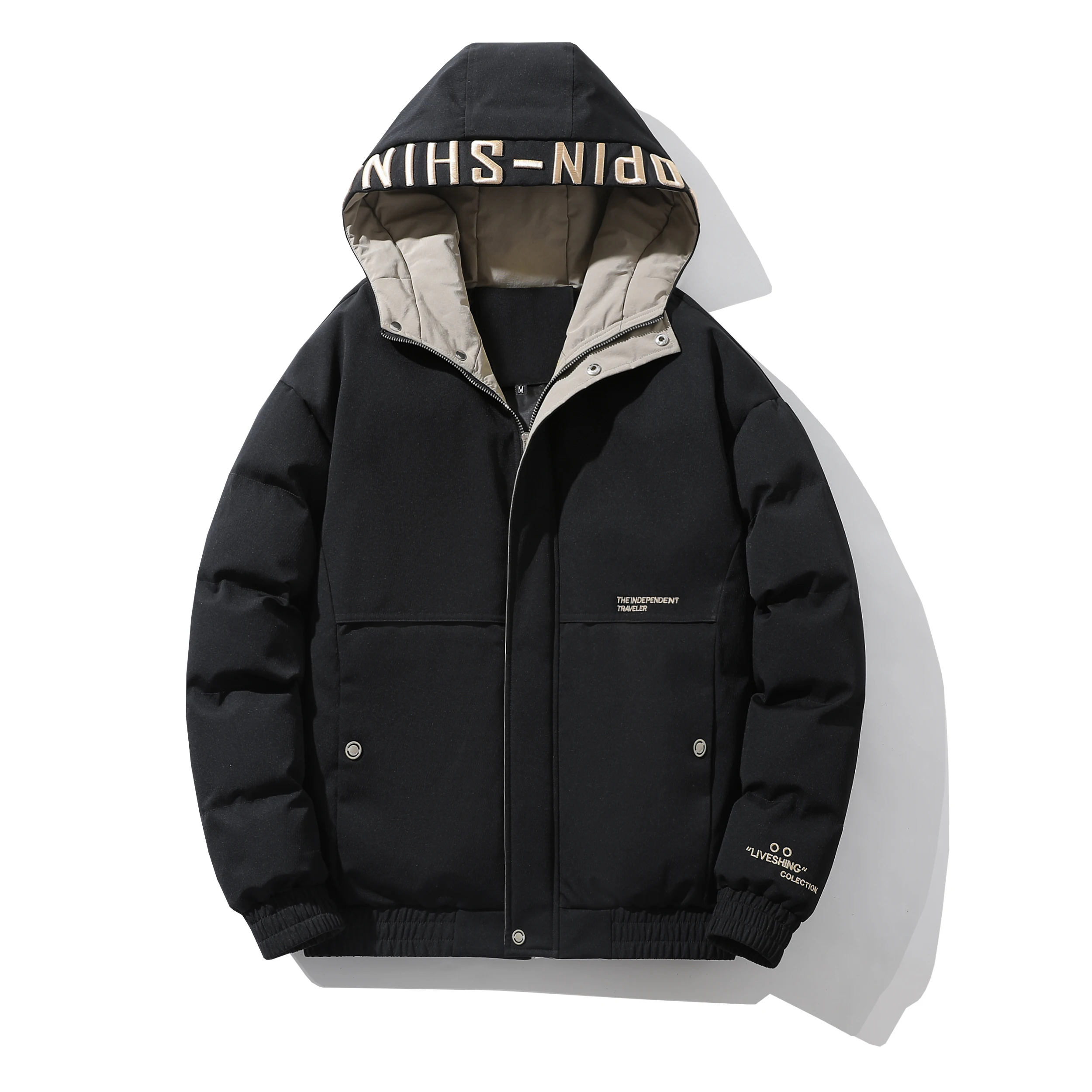 

Men's Black Hooded Puffer Jacket with Contrast Lining, Embroidered Lettering on Hood & Back, Streetwear - Inspired Winter Coat