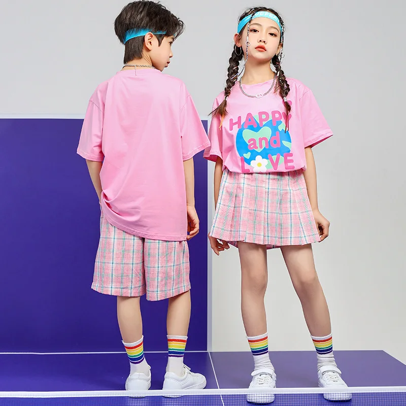 Neue Kinder Jazz Dance Kleidung Mädchen Kurzarm T-shirt Plaid Rock Hip Hop Dance Outfit Kinder Cheerleading Zeigen Kostüme