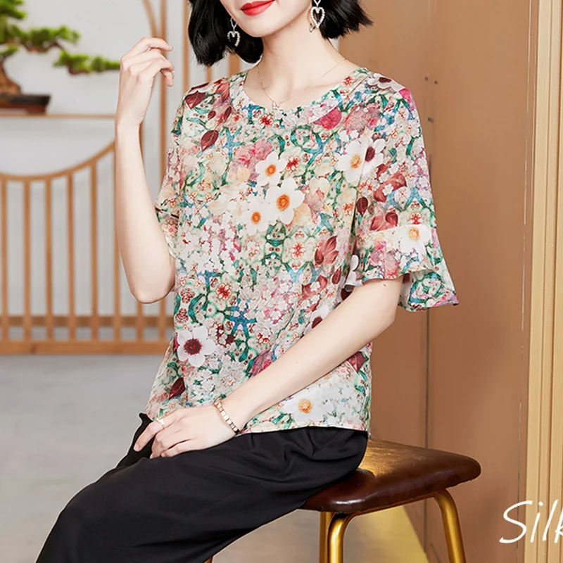 BirdTree 100%Real Silk T-shirt,Women's Round Neck Ruffled Sleeves Floral Print,Elegant Fashion Top,2024 Spring New T42225QD