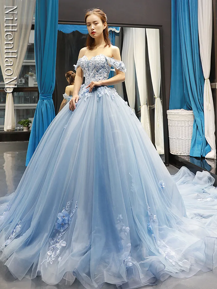 Blue Quinceanera Dresses Off The Shoulder Princess Prom Dress Appliques Ball Gown With Small Train Vestidos De 15