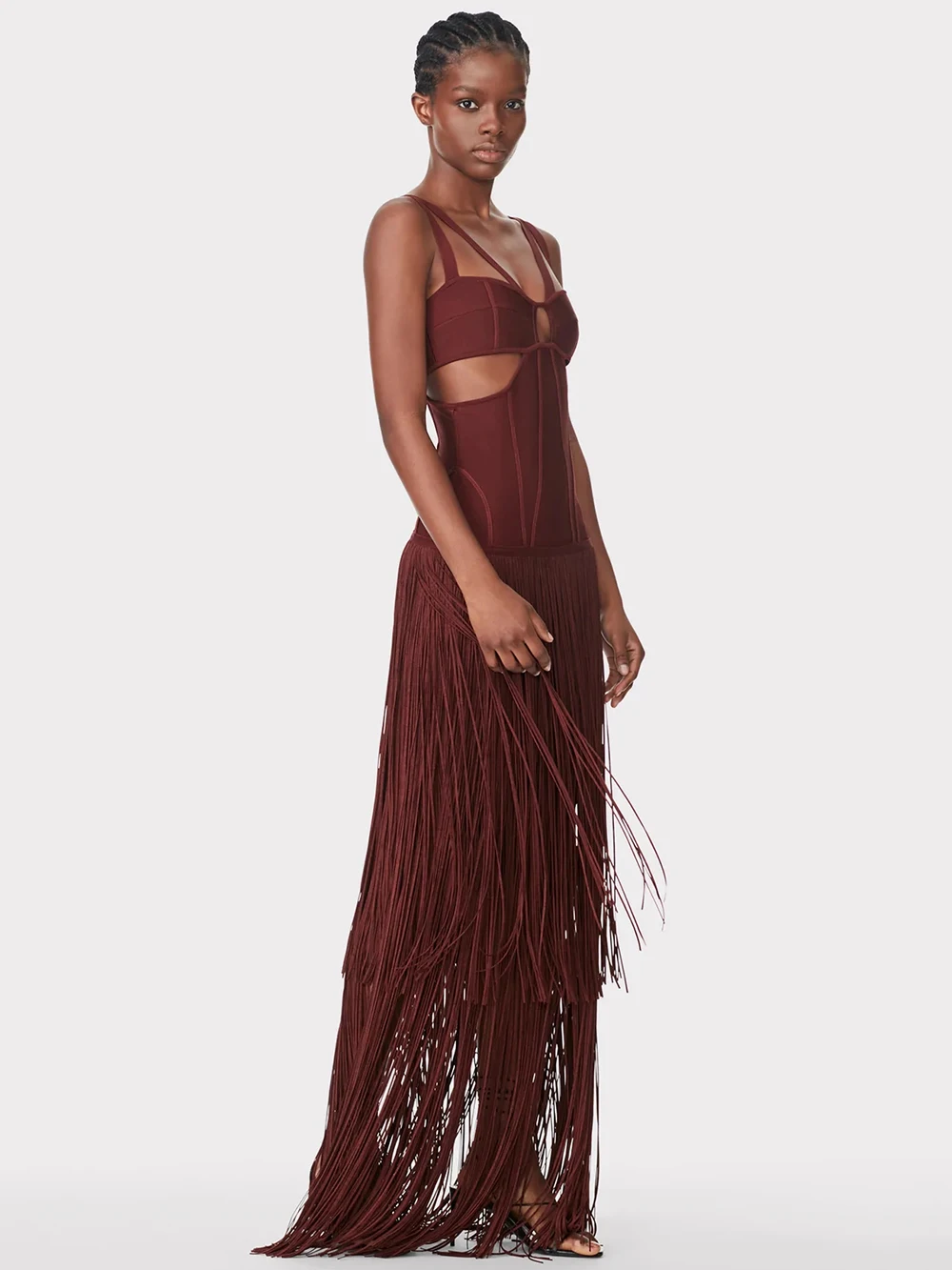 Modphy Sexy sin mangas borla ahueca hacia fuera el Maxi vestido del vendaje 2025 ajustado Spaghetti Strap mujeres elegantes Vestidos de fiesta de noche