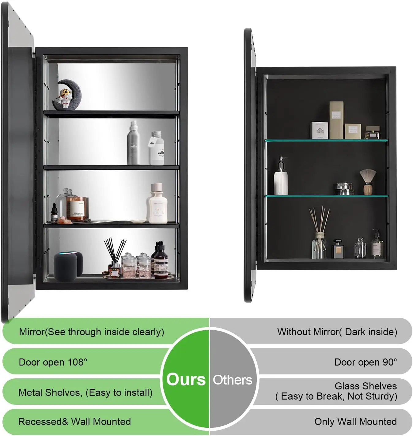 Black Bathroom Medicine Cabinet with Mirror Metal Frame Built-in or Wall Mounted Single Door Storage Medicine Cabinet