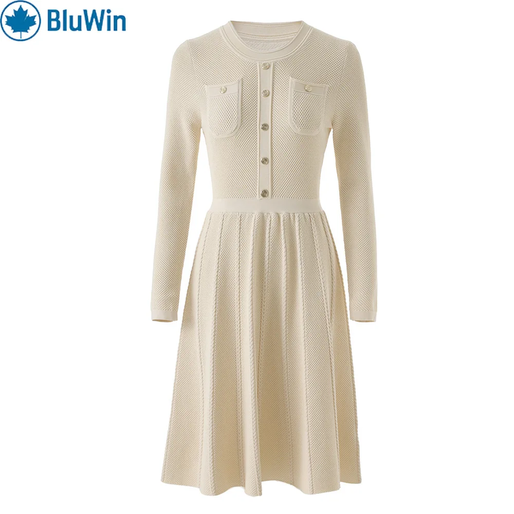 

URBANCHIC Vintage Sweater Dress Women Rib Knit Buttoned Top with Chest Pockets Long Sleeve Soft Elegant Ivory A-Line
