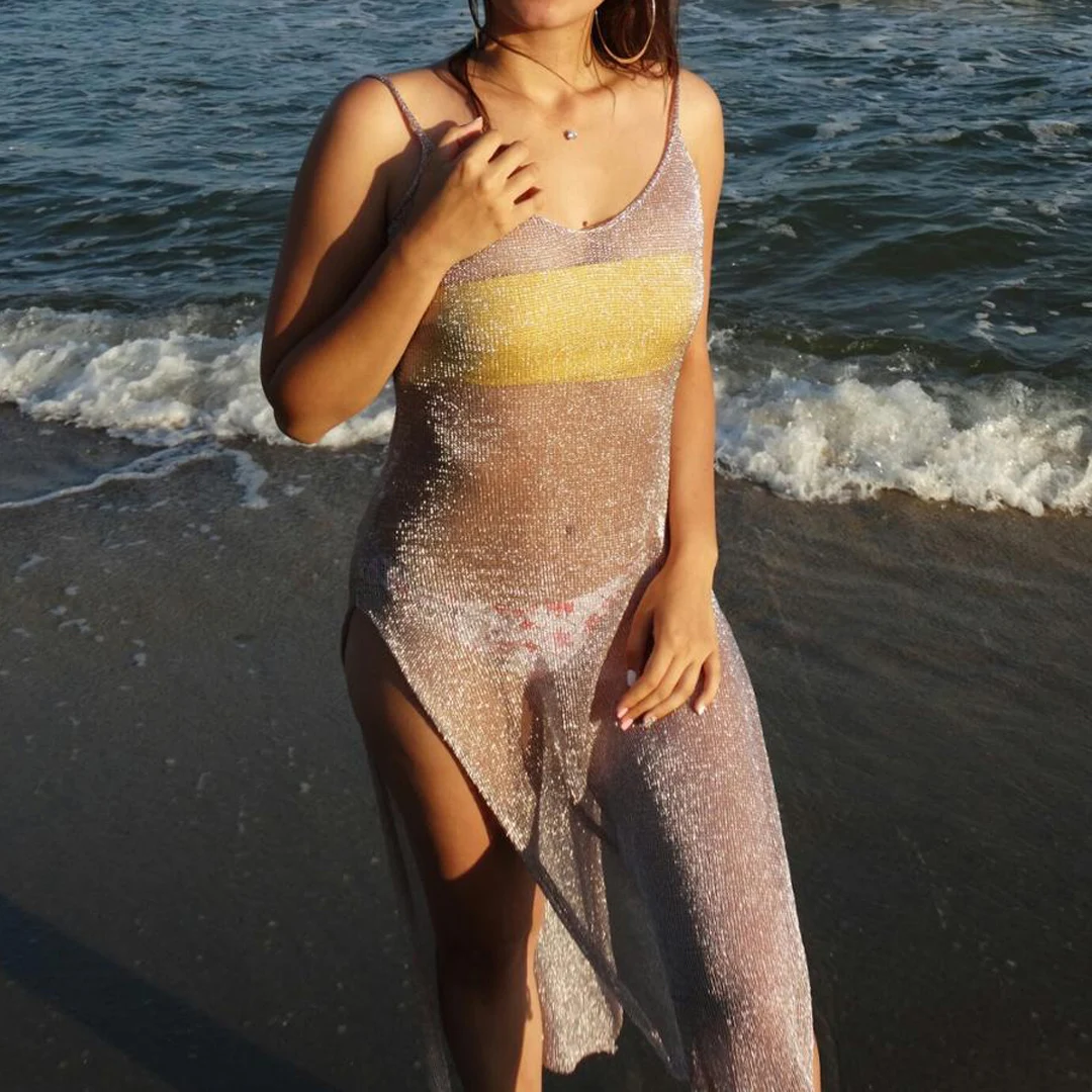 Sexy, durchsichtiges Netzstoff-Tunika-Strandkleid mit Glitzer, langes Strandkleid, Strandmode, Damen-Robe V651 – Detail 35